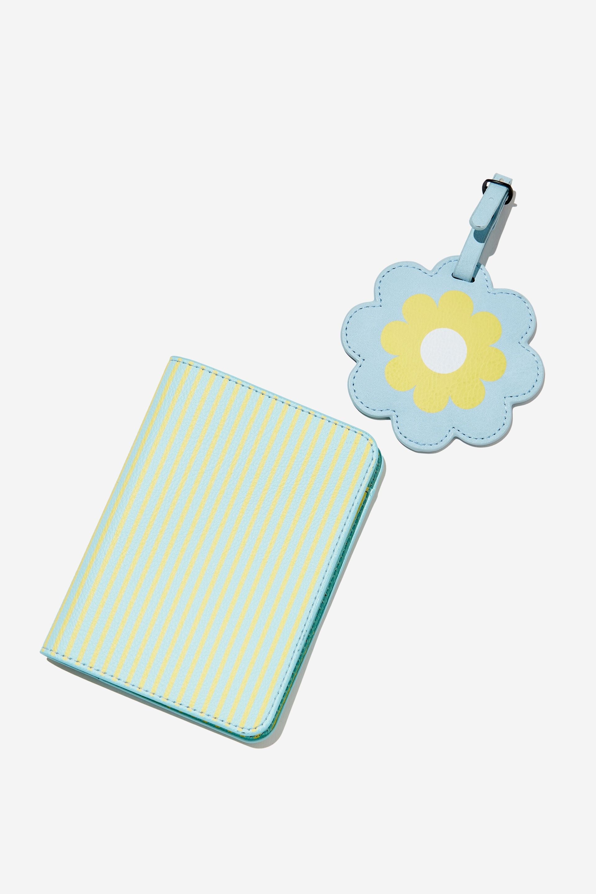 The Wanderer Passport & Luggage Tag Set (Stripe Blue & Butter Flower)