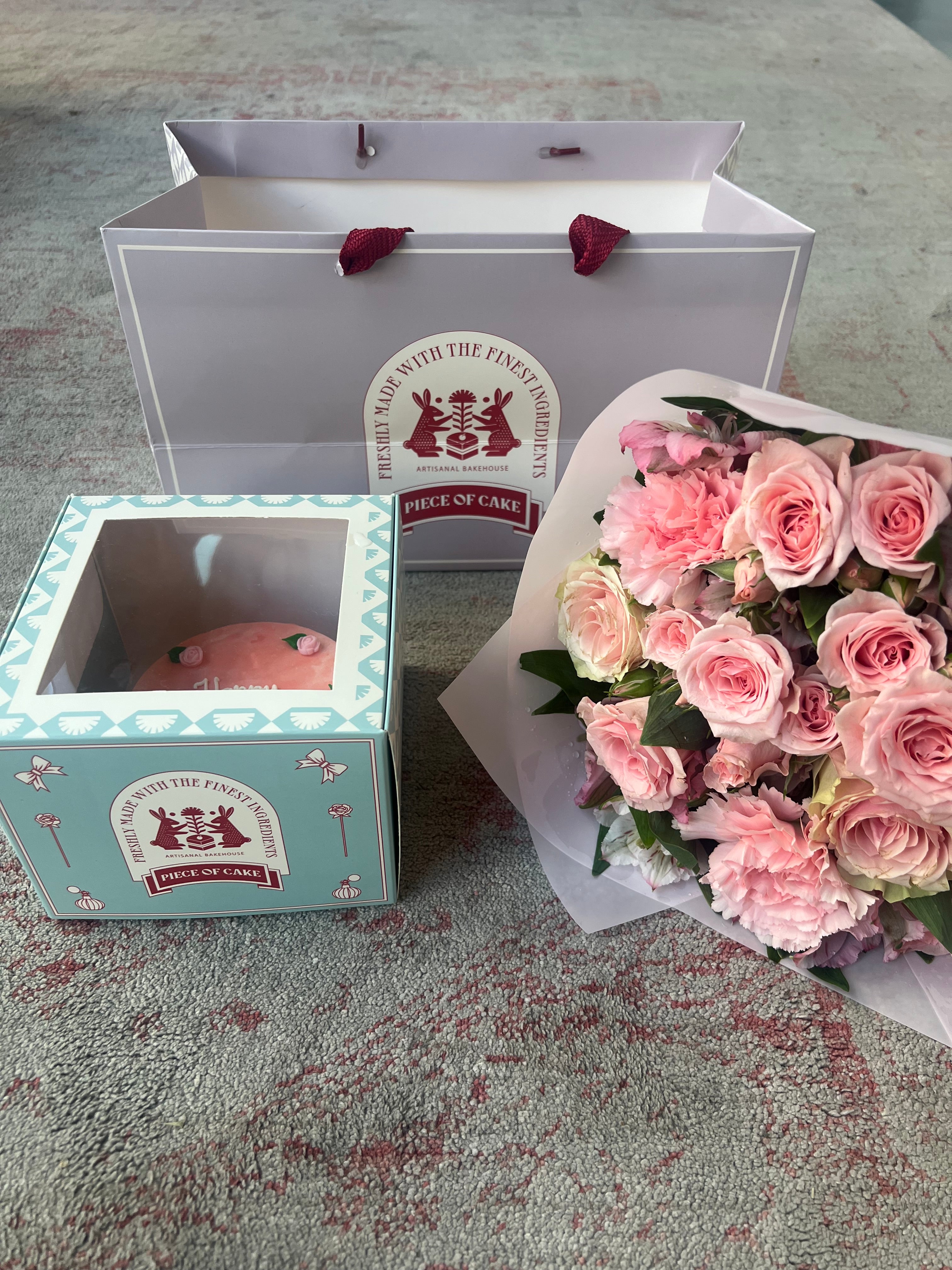 Pink Birthday Cake w/ Mini Bouquet