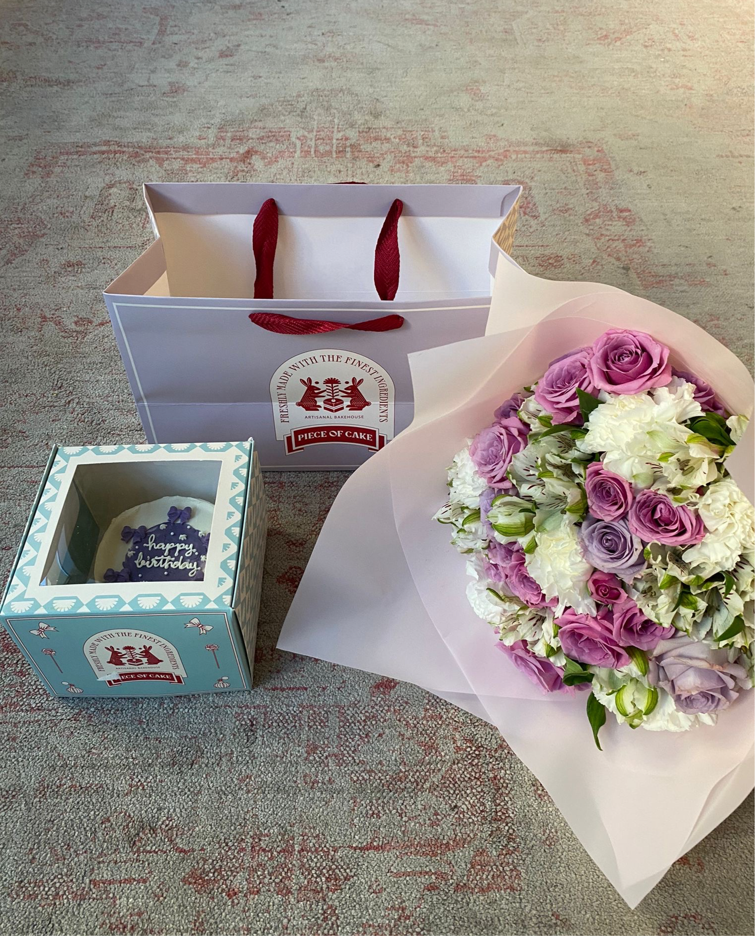 Purple Bow Birthday Cake w/ Mini Bouquet